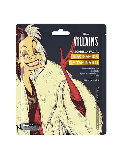 DISNEY Mascarilla individual de Niacinamida (Vitamina B3) Cruella para tonificar Disney