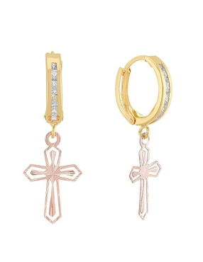 Aretes Huggies De Cruz Horoz De Oro 10 K Zirconia