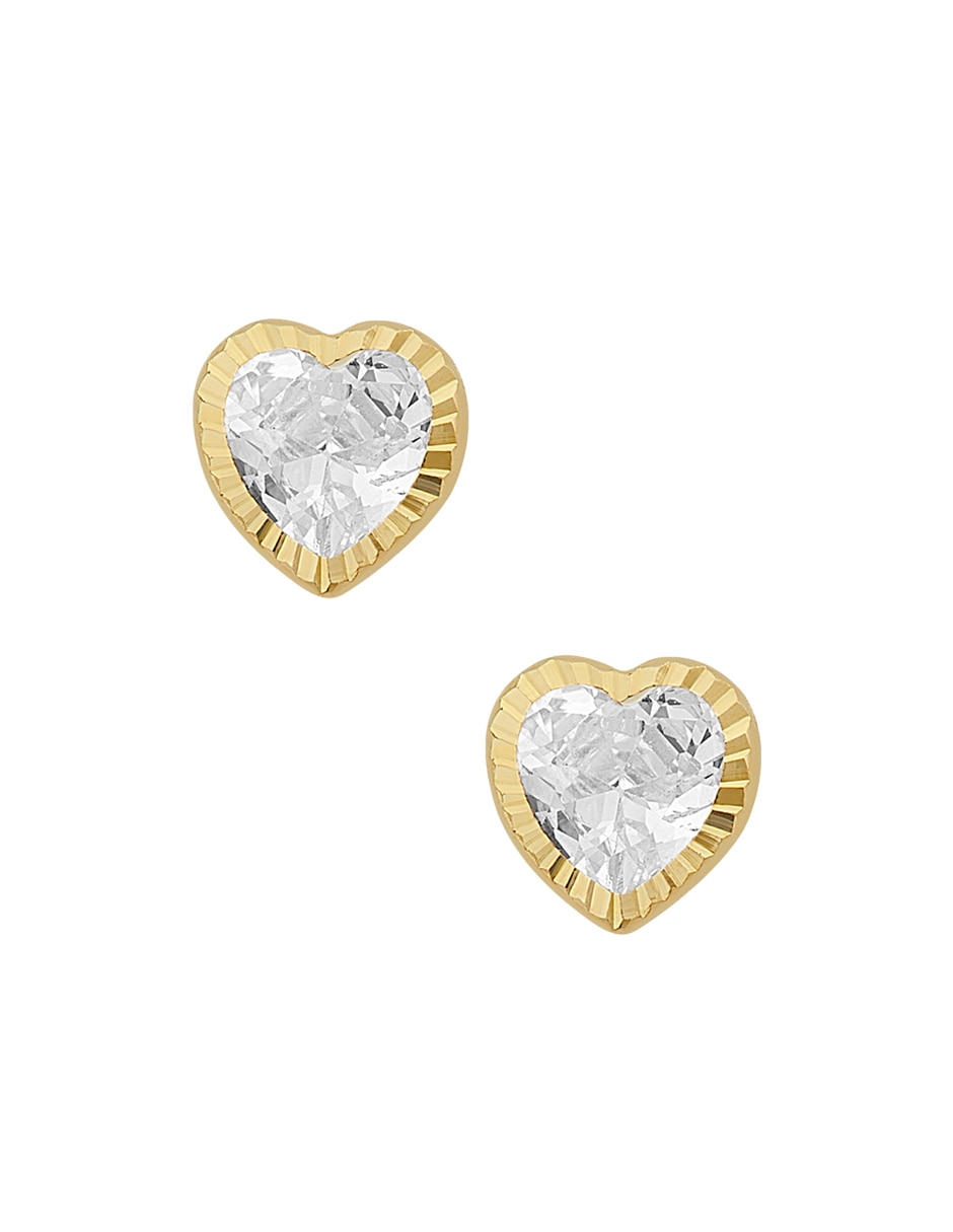 Broqueles de corazón de oro amarillo 14 K con acabado diamantado zirconia