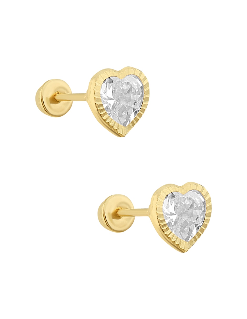 Broqueles de corazón de oro amarillo 14 K con acabado diamantado zirconia 6