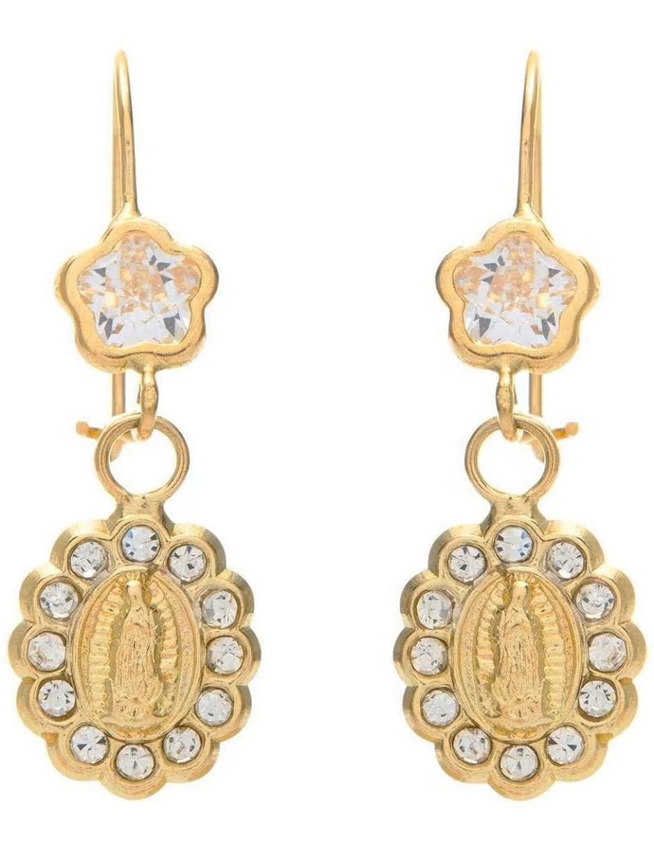 Arracadas ovalados Virgen de Guadalupe de oro con acabado brillante zirconia Arracadas ovalados Virgen de Guadalupe de oro con acabado brillante zirconia