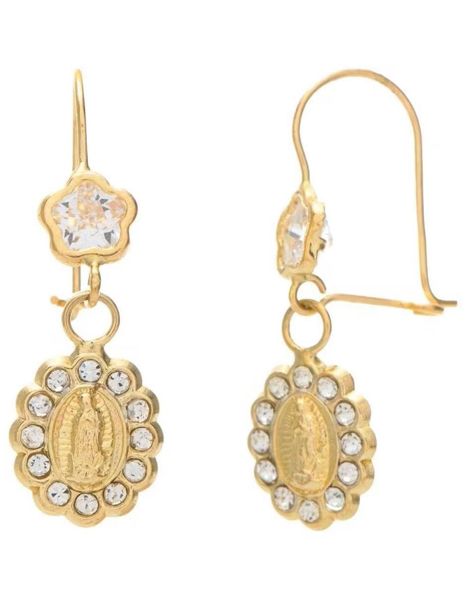 Arracadas ovalados Virgen de Guadalupe de oro con acabado brillante zirconia 2