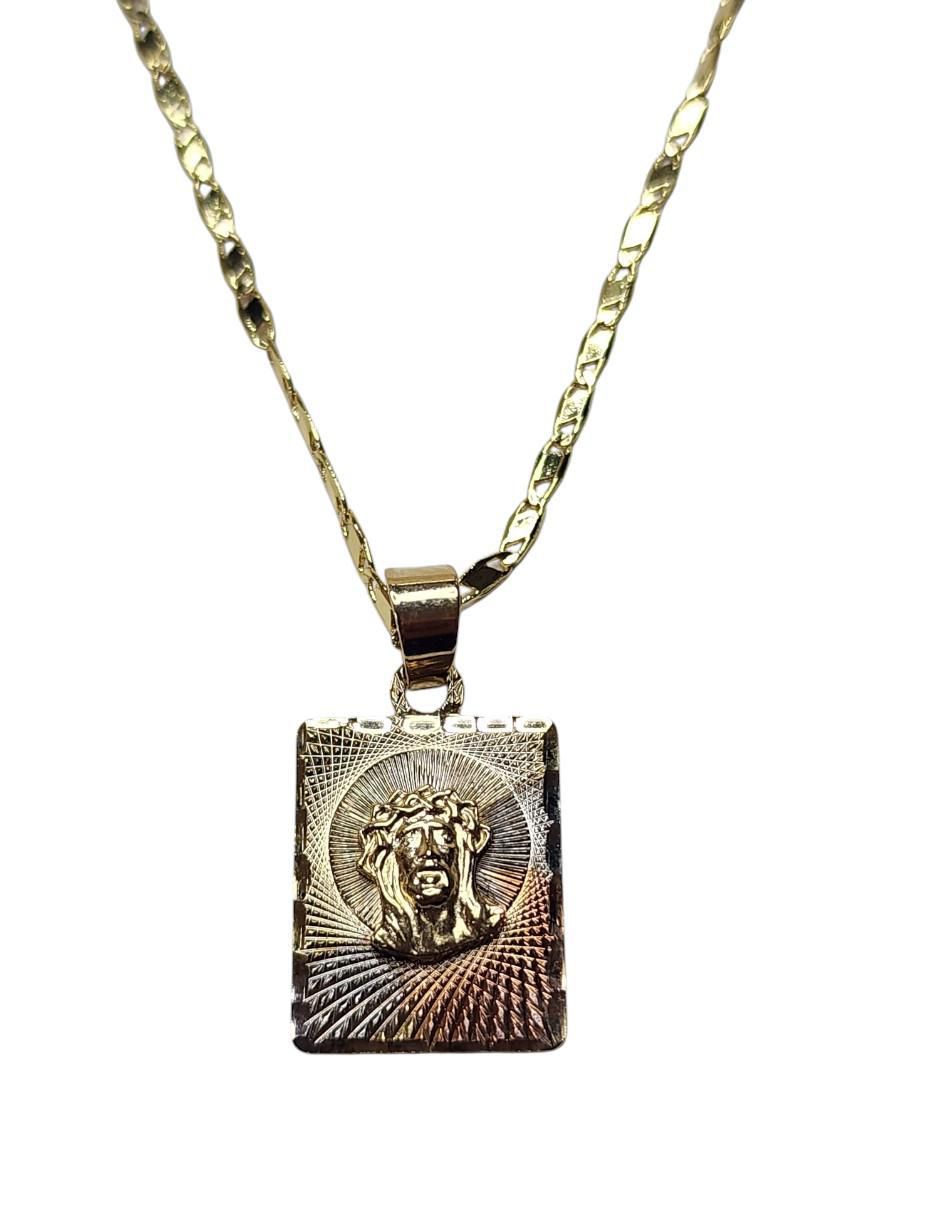 Medalla y cadena cristo cuadrada Católica de oro laminado 14 K