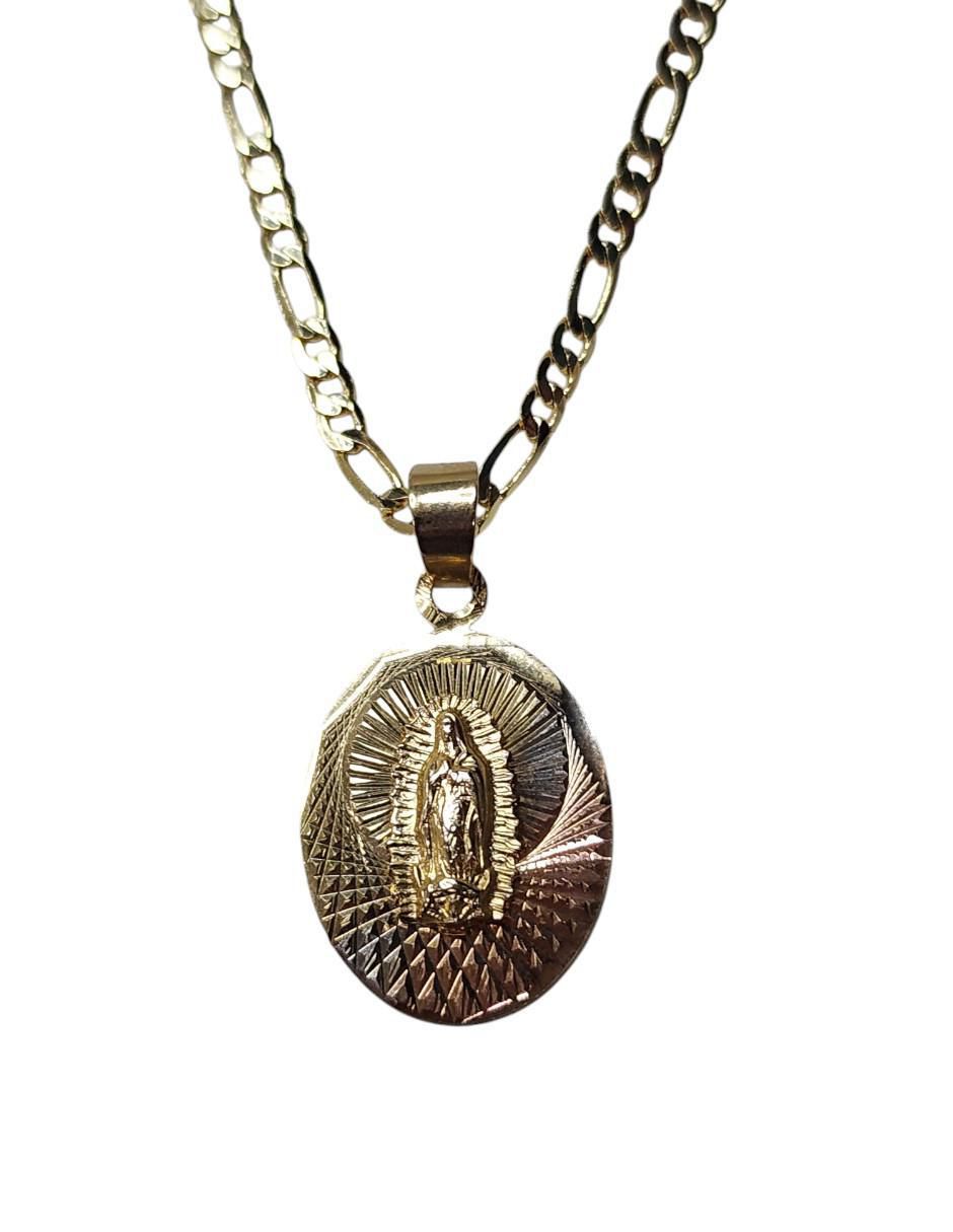 Medalla y cadena Virgen de Guadalupe ovalada de oro laminado 14 K