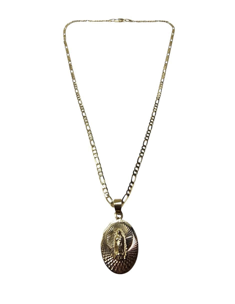 Medalla y cadena Virgen de Guadalupe ovalada de oro laminado 14 K 2
