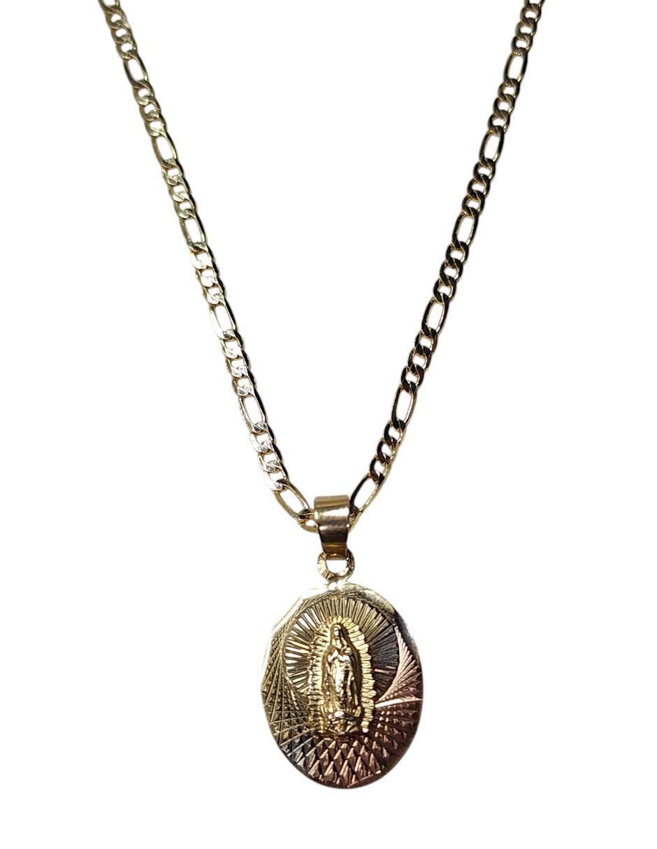Medalla y cadena Virgen de Guadalupe ovalada de oro laminado 14 K 5
