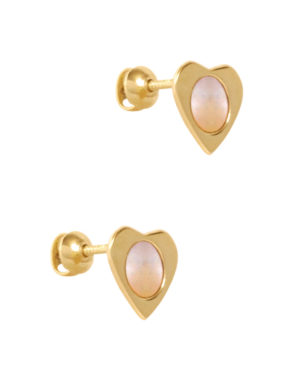 Broqueles de corazón Solo de oro amarillo 14 k con acabado pulido madre perla 1