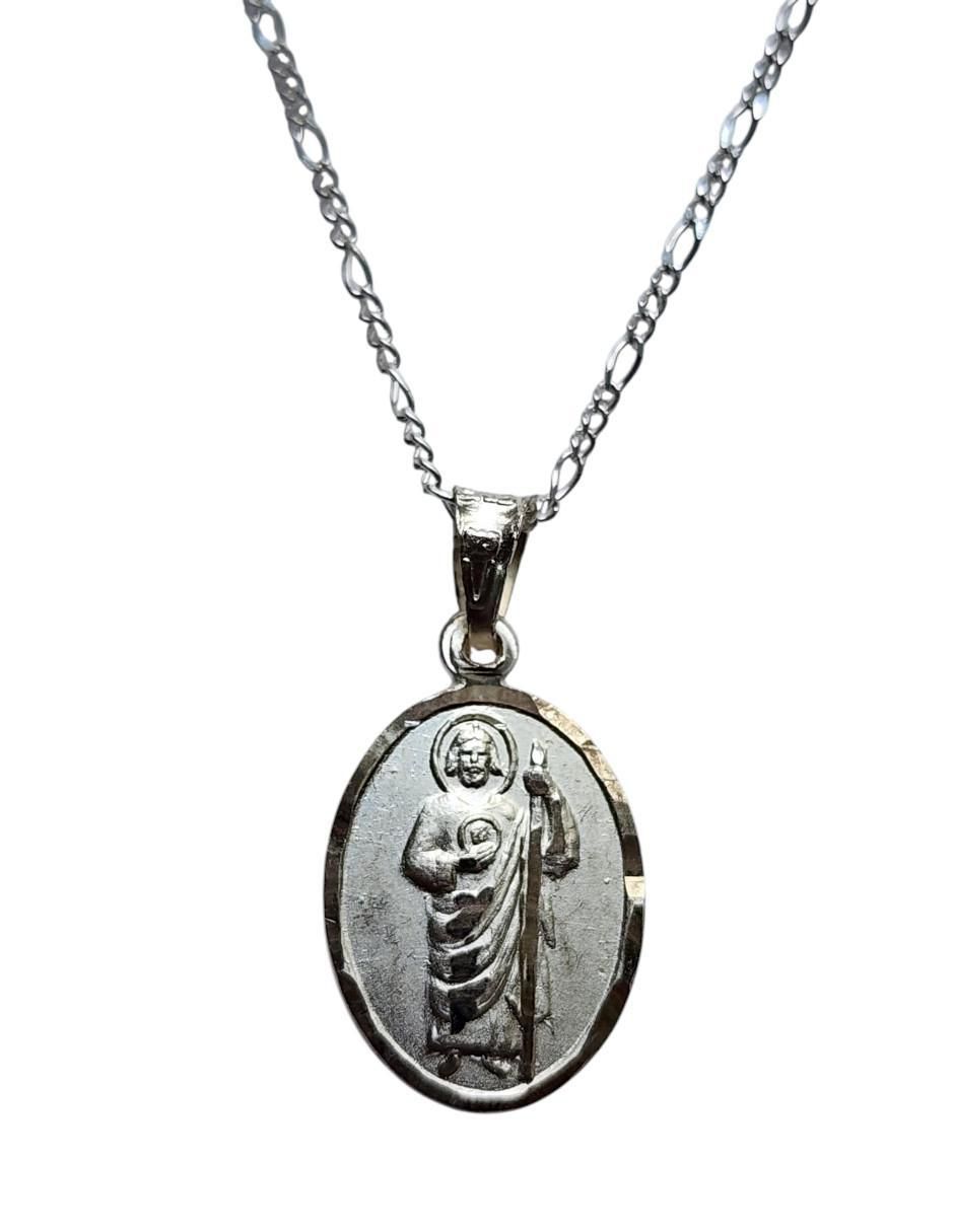 Medalla y cadena San Judas Tadeo ovalada Doble Vista de plata P 925
